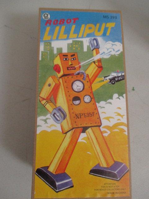 Schylling Toy Spaceman with Box, Robot Lilliput With Box and Bandair 1985 Robot (Arms Detached)