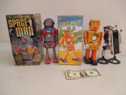 Schylling Toy Spaceman with Box, Robot Lilliput With Box and Bandair 1985 Robot (Arms Detached)