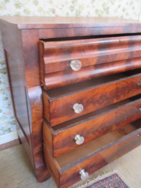 Crotch Mahogany Veneer 19th Century 4 Drawer Chest/Glass Knobs 40" x 45" x 21"