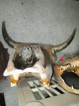 Piranha and Alligator Mounts and 2 Steer Skulls