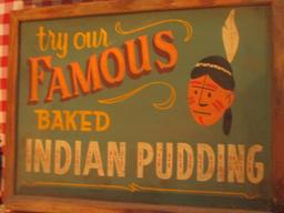 Famous baked Indian pudding sign paint on chalkboard 24" X 18"- staining