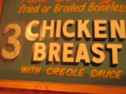 3 Chicken Breast with Creole sauce sign paint on chalkboard 24" X 18" - staining