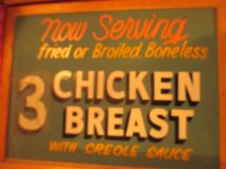 3 Chicken Breast with Creole sauce sign paint on chalkboard 24" X 18" - staining