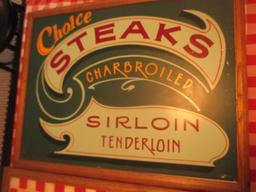Choice Steaks Charbroiled Sirloin Tenderloin fiberboard stains 25 1/2" X 19 1/2"