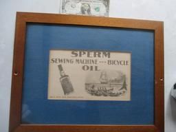 Sperm Sewing Machine and Bicycle Oil New Bedford framed ad - 17 1/2" X 14"