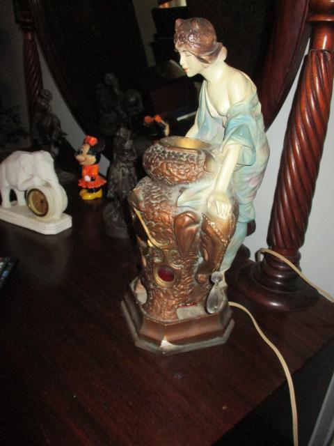 Chalk Lamp Depicts Woman Looking Into Cauldron with 3 Red Reflective Glass Pieces on Base 16"