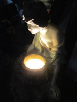 Chalk Lamp Depicts Woman Looking Into Cauldron with 3 Red Reflective Glass Pieces on Base 16"