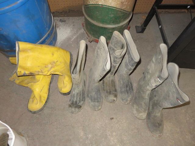 ASSORTED HARD HATS, WELDING MASKS AND (4) PAIRS OF MUD BOOTS