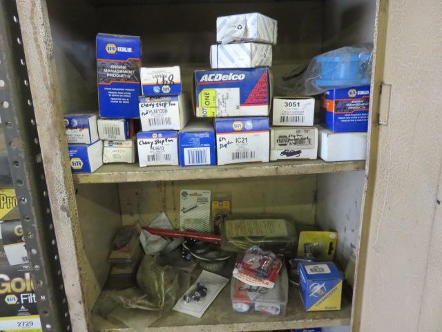 CABINET WITH ASSORTED ELECTRICAL WIRE AND AUTOMOTIVE PARTS