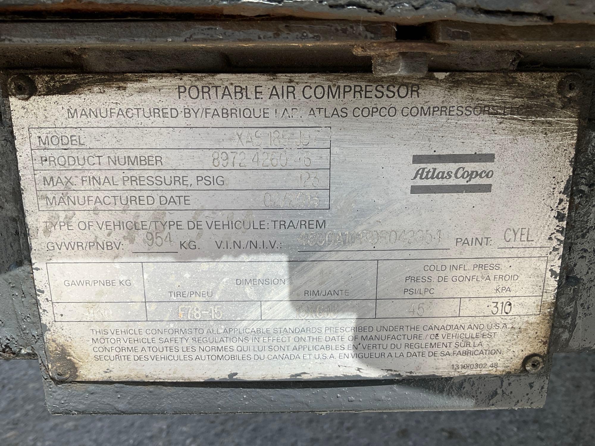 ATLAS COPCO PORTABLE AIR COMPRESSOR MODEL XAS 185 JD7, DIESEL, JOHN DEERE ENGINE, TOW BEHIND