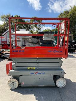 SKYJACK SCISSOR LIFT MODEL SJIII 3219, ELECTRIC, APPROX MAX PLATFORM HEIGHT 19FT, NON MARKING TIRES