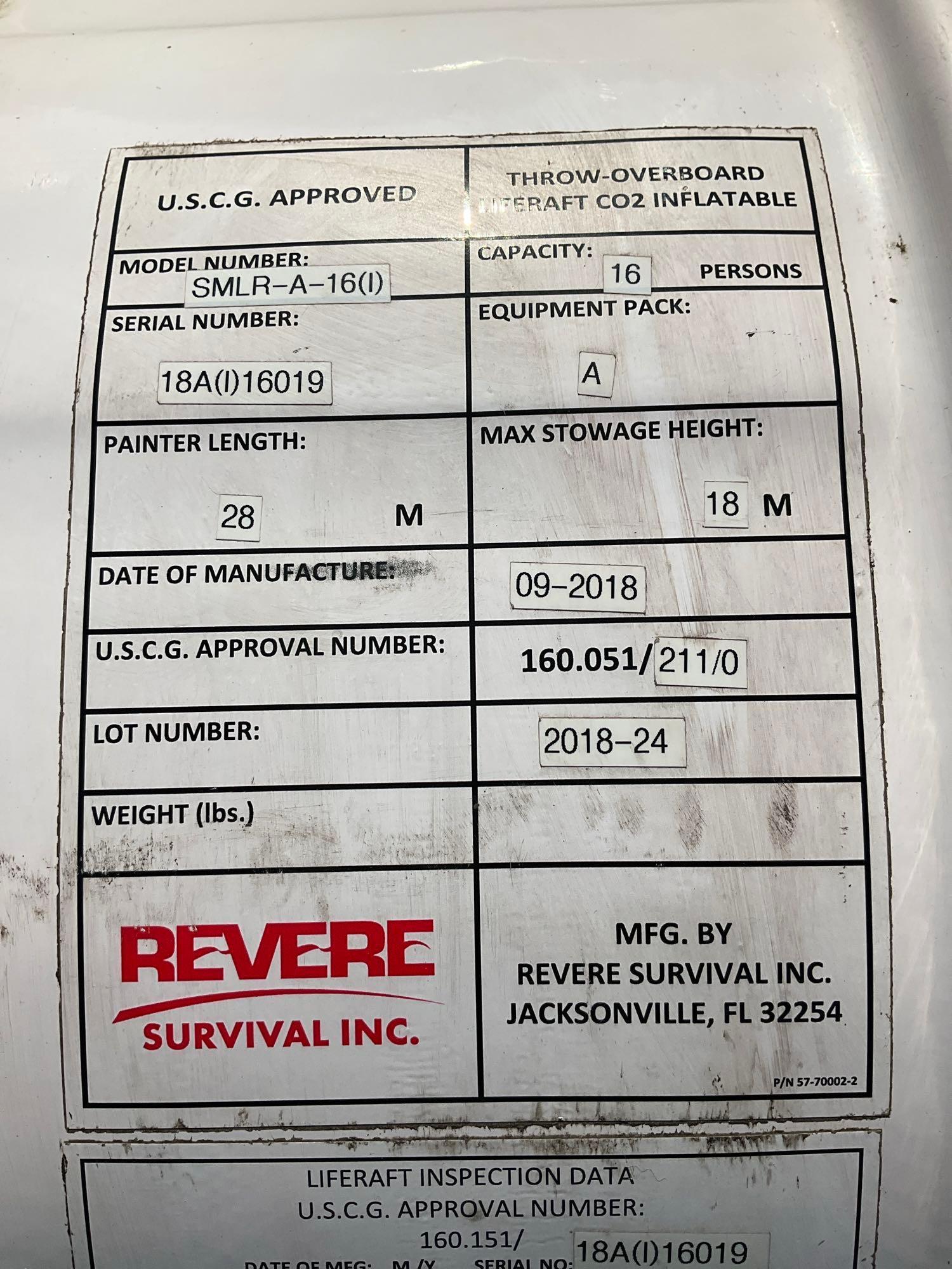 2018 REVERE SURVIVAL 3SI U.S.C.GAPPROVED THROW OVERBOARD LIFERAFT CO2 INFLATABLE MODEL SMLR-A 16I...