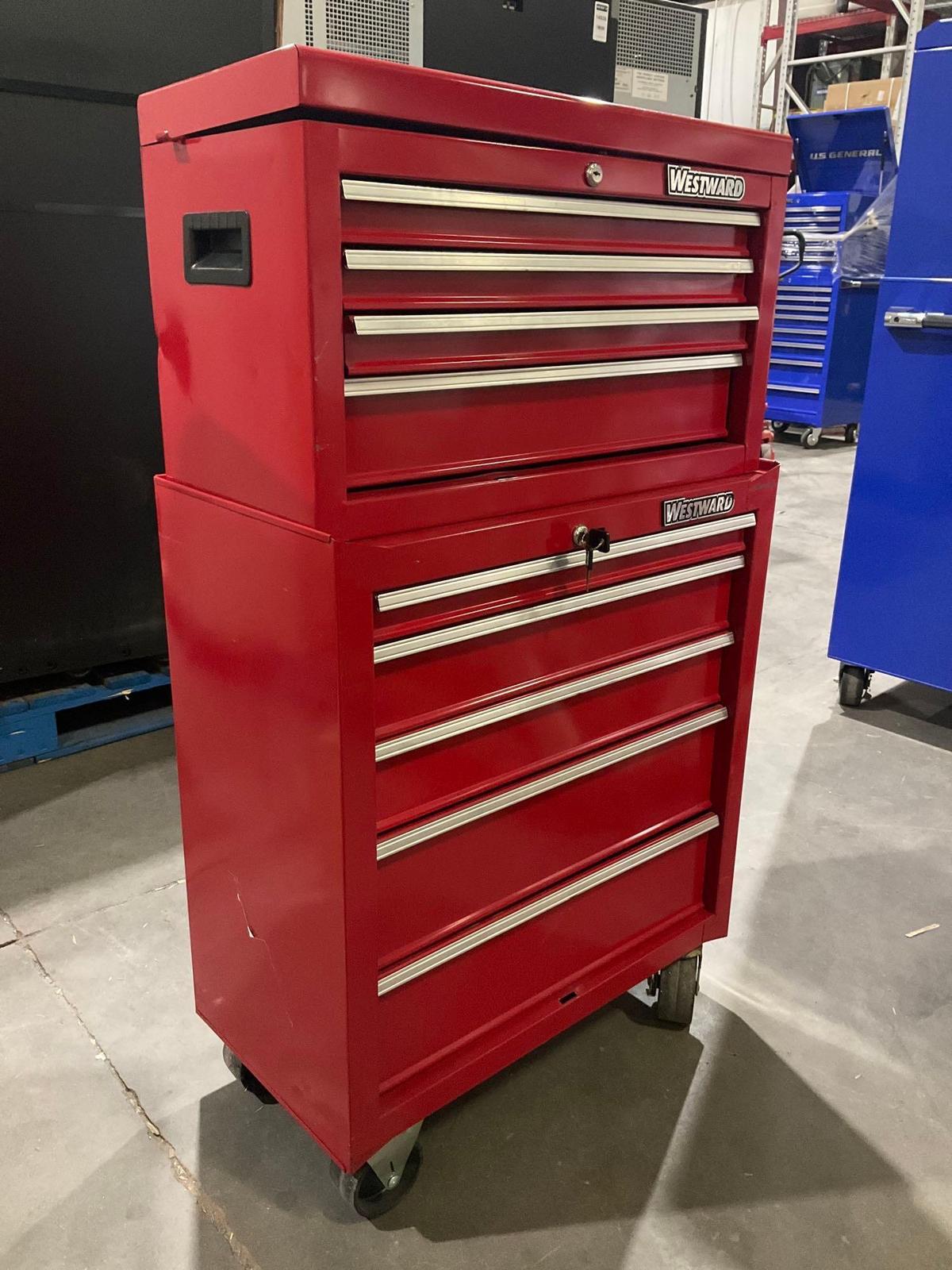 PROTO INDUSTRIAL PARTS CABINET / TOOL BOX ON WHEELS WITH CONTENTS , APPROX 30€� W x 18€� L x 47€� T