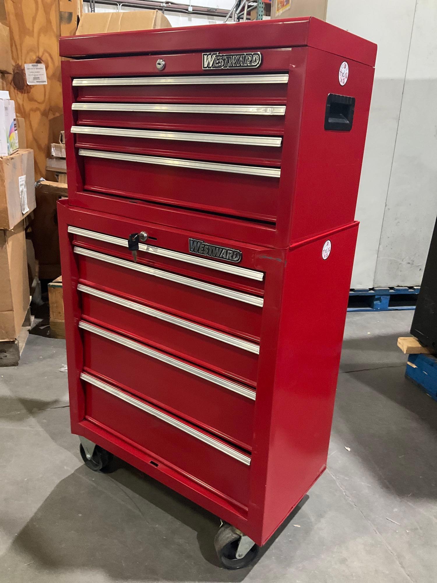 PROTO INDUSTRIAL PARTS CABINET / TOOL BOX ON WHEELS WITH CONTENTS , APPROX 30€� W x 18€� L x 47€� T