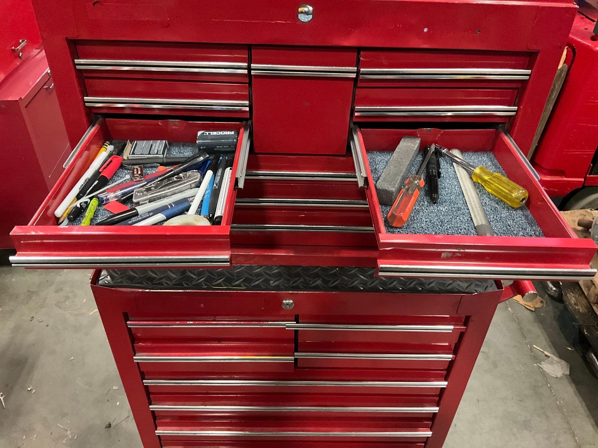 WATERLOO INDUSTRIAL PARTS CABINET / TOOL BOX ON WHEELS WITH CONTENTS , APPROX 30€� W x 18€� L x 6...