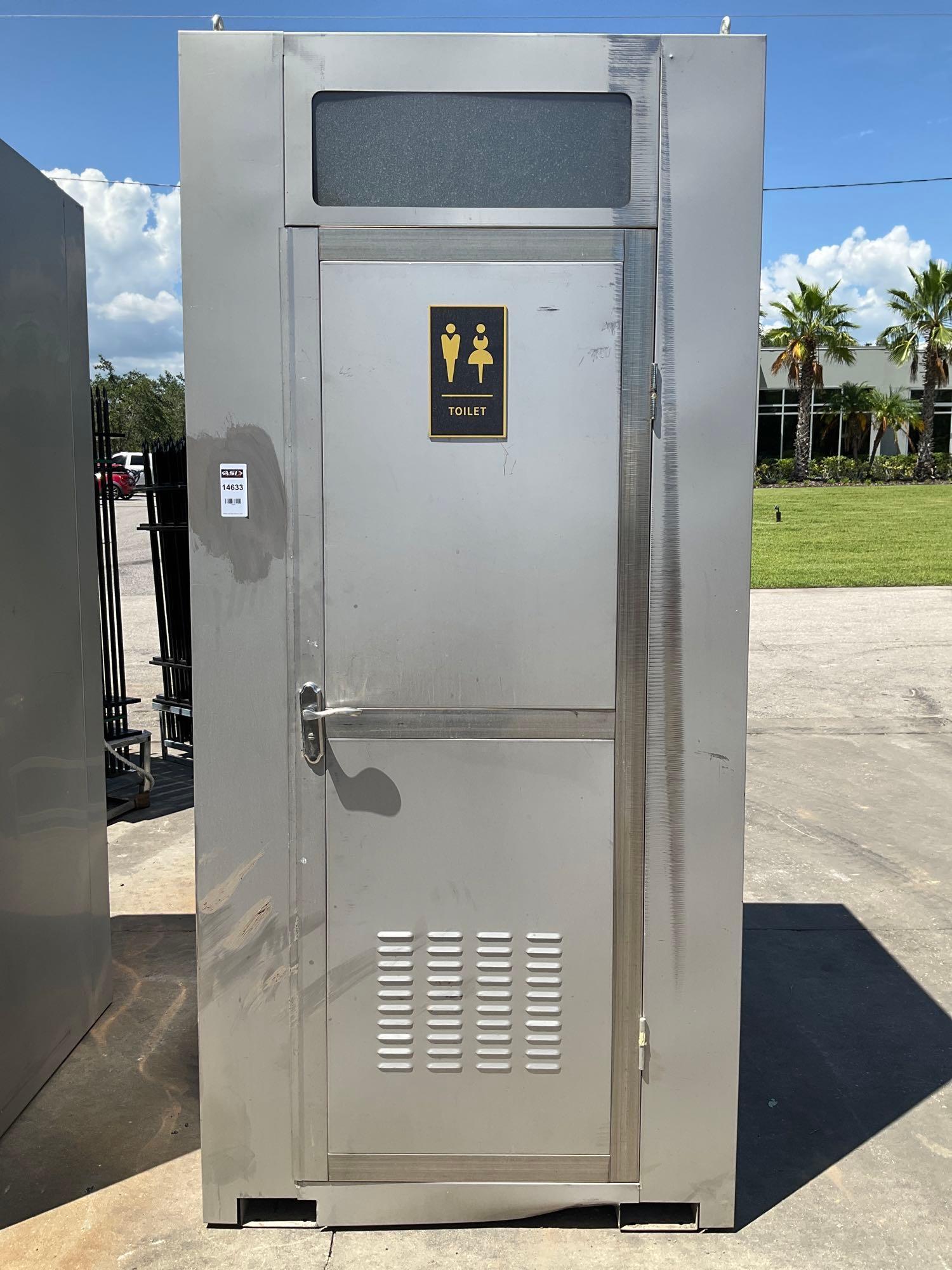 UNUSED STAINLESS STEEL PORTABLE TOILET UNIT, ELECTRIC & PLUMBING HOOK UP WITH EXTERIOR PLUMBING C...