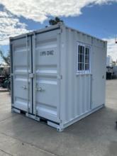 9' OFFICE / STORAGE CONTAINER, FORK POCKETS WITH SIDE DOOR ENTRANCE & SIDE WINDOW,  APPROX 99'' T x