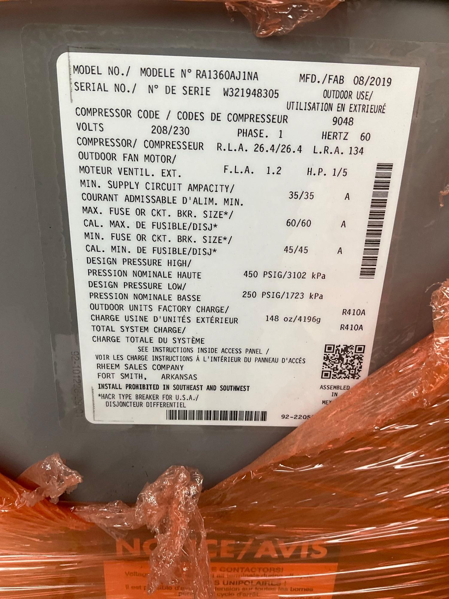 2019 RHEEM RA1360AJ1NA 5.0 TON 13 SEER SINGLE STAGE AIR CONDITIONER