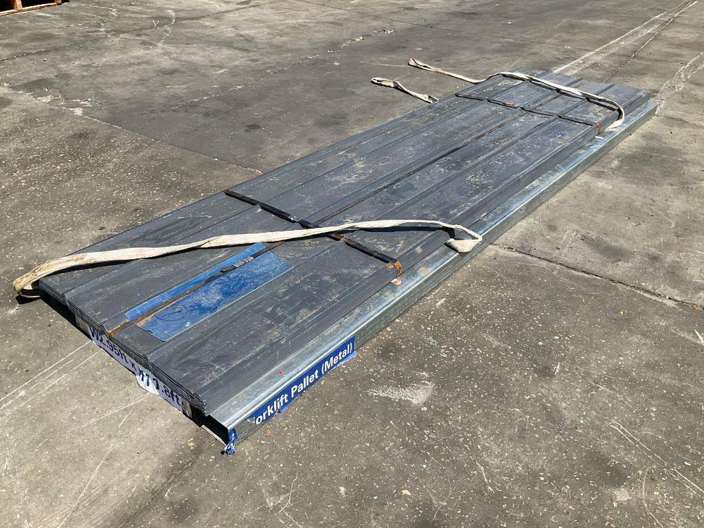 UNUSED METAL ROOF PANEL WITH ( 1 ) FORKLIFT METAL PALLET , PANELS APPROX 12FT L x 3FT W, APPROX 70