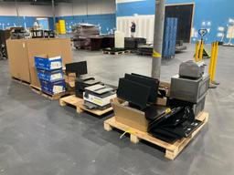 PALLET OF COMPUTERS, MONITORS, PAPER AND PRINTERS