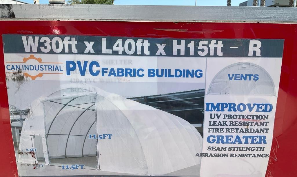 CAN INDUSTRIAL PVC FABRIC BUILDING MODEL 304015R, APPROX 30' x 40' x 15' , GREATER SEAM STRENGTH,...