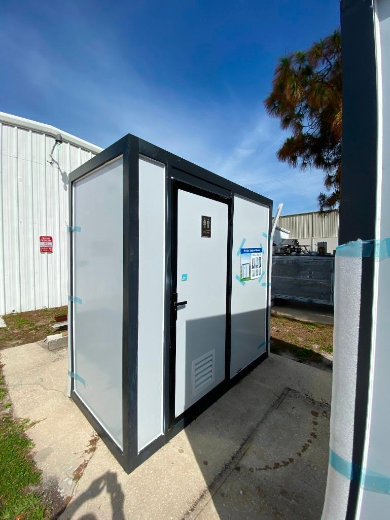 UNUSED PORTABLE BATHROOM WITH SHOWER, SINK, MIRROR, TOILET, TOILET PAPER HOLDER, LIGHTS, APPROX 4...