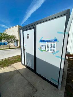 UNUSED PORTABLE BATHROOM WITH SHOWER, SINK, MIRROR, TOILET, TOILET PAPER HOLDER, LIGHTS, APPROX 4...