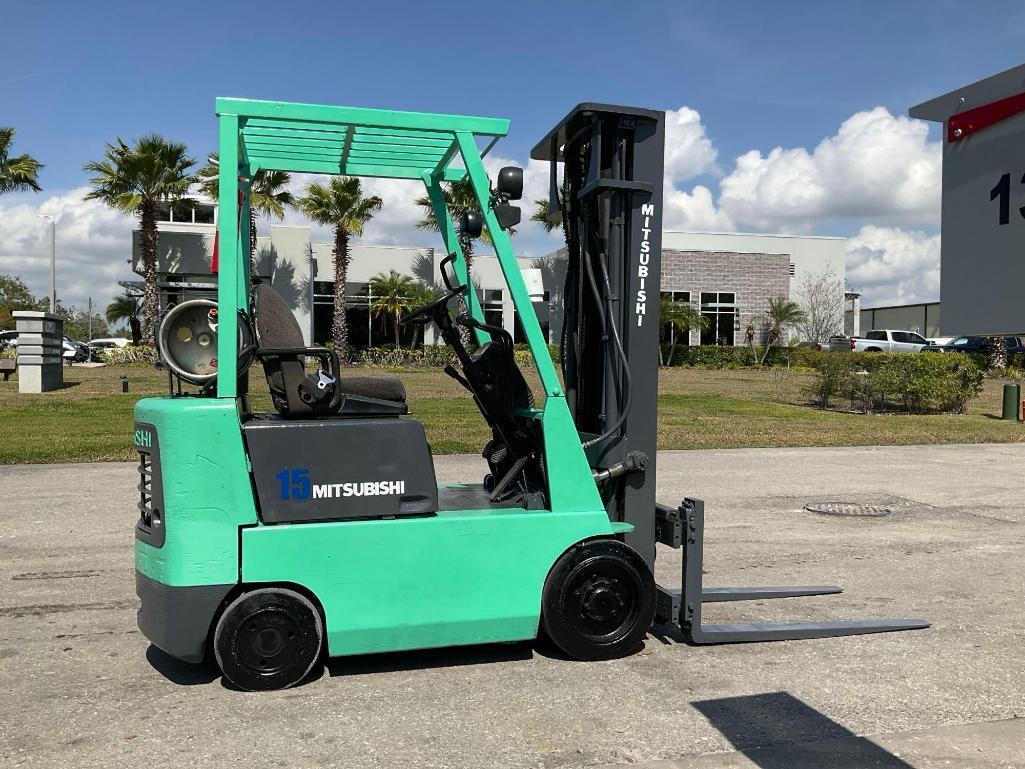 MITSUBISHI LP FORKLIFT MODEL FGC15, APPROX MAX CAPACITY 2700, APPROX MAX HEIGHT 190, TILT, SIDE