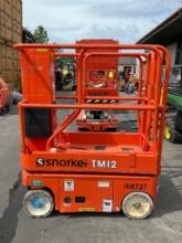 2016 SNORKEL MAN LIFT MODEL TM12 , ELECTRIC, APPROX MAX PLATFORM HEIGHT 12FT, NON MARKING TIRES,