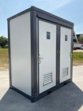 UNUSED PORTABLE DOUBLE BATHROOM UNIT, 2 STALLS, ELECTRIC & PLUMBING HOOK UP WITH EXTERIOR PLUMBIN...