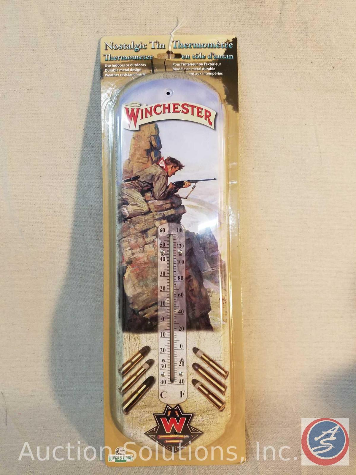 Rivers Edge Nostalgic Tin Thermometer, measuring 5in X 17in in height. In original packaging.