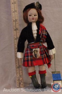 CHAD VALLEY DOLL, 8" tall Scottish girl in native costume. Tag reads: Chad Valley Hygienic Toys, The