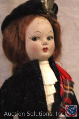 CHAD VALLEY DOLL, 8" tall Scottish girl in native costume. Tag reads: Chad Valley Hygienic Toys, The