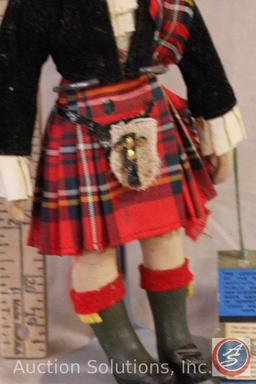 CHAD VALLEY DOLL, 8" tall Scottish girl in native costume. Tag reads: Chad Valley Hygienic Toys, The