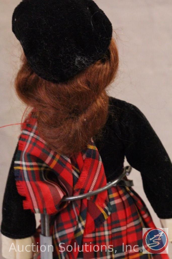CHAD VALLEY DOLL, 8" tall Scottish girl in native costume. Tag reads: Chad Valley Hygienic Toys, The