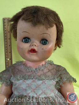 RUBBER BABY DOLL, 19" tall, green open/close eyes, bottle mouth, 2nd and 3rd fingers molded