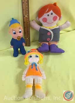 [3] ASSTD. DOLLS: a) 6" Rubber Baby, blue body and hat, binky in mouth, marked Hong Kong; b) SANITOY