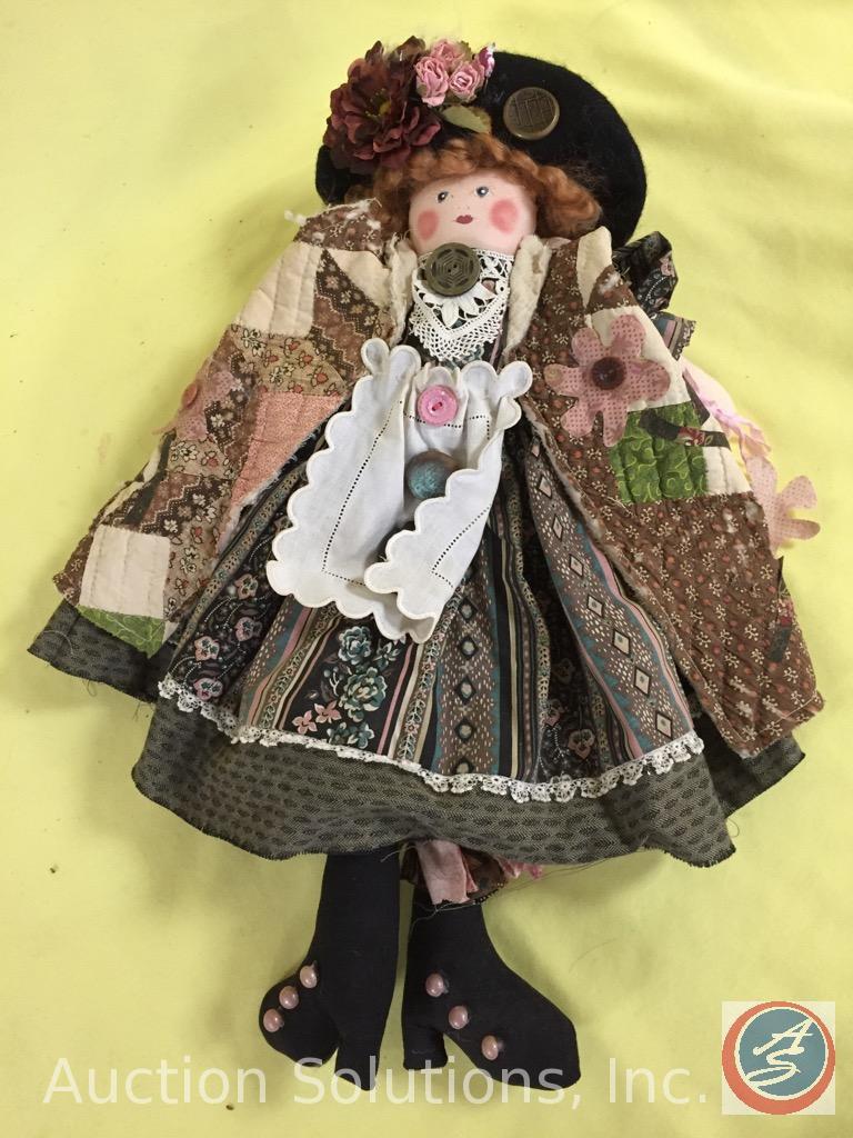 CLOTH DOLL, 18" tall, painted face, quilt vest, no marks or tags.