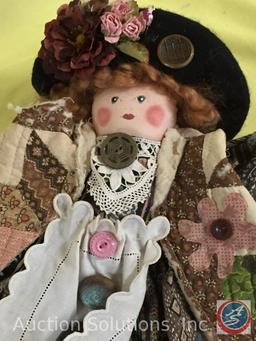 CLOTH DOLL, 18" tall, painted face, quilt vest, no marks or tags.