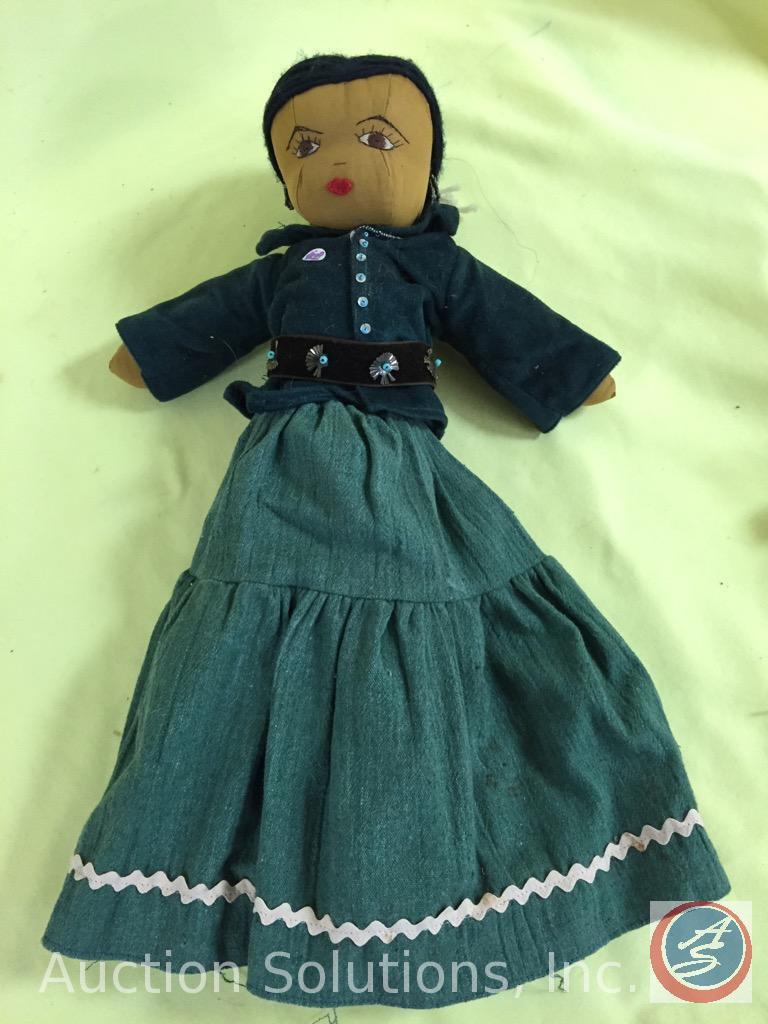 CLOTH DOLL, 18" tall, handmade, southwestern style clothes, embroidered face, yarn hair.