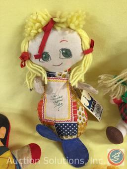 [4] ASSTD. DOLLS: a) 10" wooden doll, replica of Early-American; b) Pinocchio cloth story book doll,