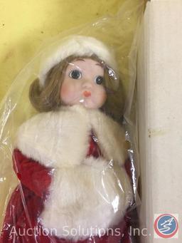 PORCELAIN CHRISTMAS DOLL, 14" tall, in Original Box, red winter outfit, fur hat, collar and muff,