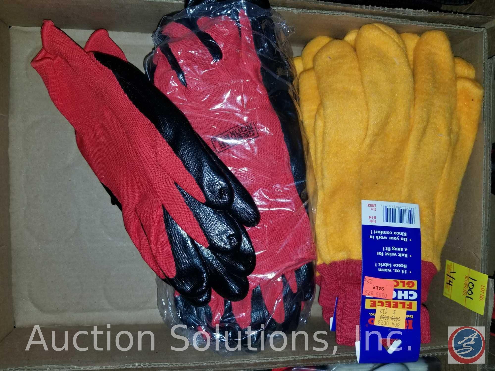 (4) flats containing work gloves, hand tools, Husky stubby set, drill bits, power outlets, hammer,