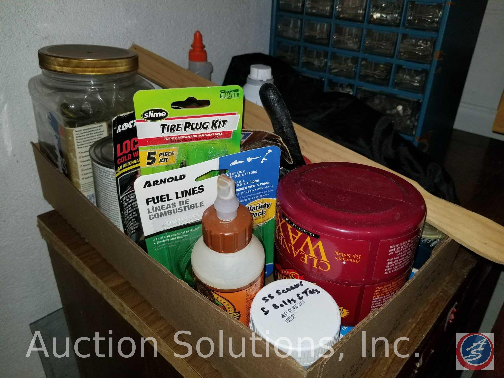 (4) drawer wooden dresser, plastic organizers, wood glue, tire plug kit, Dura Clean paint, and more