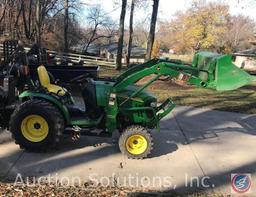 John Deere 2520 MFWD Acreage Tractor. This tractor has a 200 CX loader, and incredibly low [10!] hrs