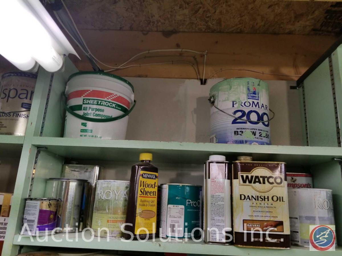 contents of 3 shelves to include assorted paints, oils and stains, ProTile floor and wall tile
