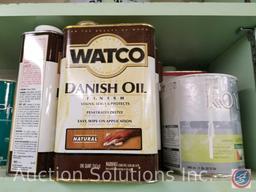 contents of 3 shelves to include assorted paints, oils and stains, ProTile floor and wall tile