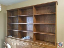 86" wide x 81" tall x 17" deep 2 part (top and bottom) wooden bookshelf with 9 drawers, 2 doors and
