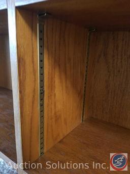 86" wide x 81" tall x 17" deep 2 part (top and bottom) wooden bookshelf with 9 drawers, 2 doors and