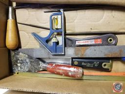 Assorted sizes of hex head Master Mechanic screwdrivers, putty knives, level, files, AC Delco oil